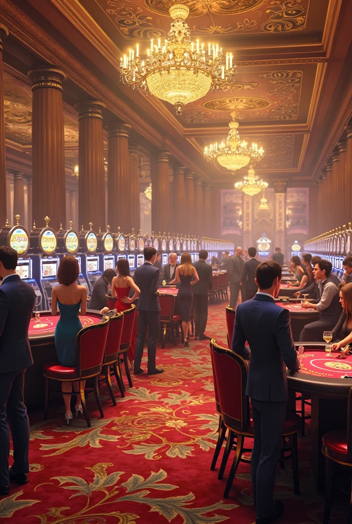 (best quality,4k,8k,highres,masterpiece:1.2),ultra-detailed,realistic,photorealistic:1.37,large gambling casino with vibrant lights,richly decorated,shiny chandeliers,luxurious marble floors,expansive gambling tables with detailed card decks, professional poker chips, and elegant roulette wheels,towering slot machines with colorful screens and flashing lights,attractive waitresses serving drinks to players,enchanting live music performed by a jazz band,excited crowd of gamblers in elegant suits and dresses,exquisite glassware and bottles of champagne in the VIP lounge area,impressive ceiling frescoes depicting scenes of victory and fortune,genuine expressions of joy and anticipation on the players' faces, overwhelming atmosphere of thrill and excitement,perfectly captured moments of winners celebrating and losers contemplating their luck,gravity-defying architecture and stunning glass facades, breathtaking aerial view of the entire casino complex at night,dynamic interplay of shadows and light, creating an enchanting visual spectacle,impeccably tailored and glamorous attire complementing the sophisticated ambiance,natual sunlight flowing through the grand windows,illuminating the scene with a warm and inviting glow.