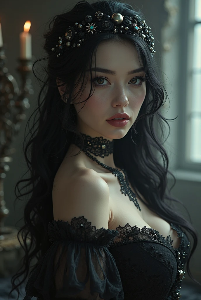 a beautiful lady dimitrescu in an erotic and sensual cosplay, detailed facial features, flawless skin, long dark hair, striking eyes, full lips, elegant and alluring pose, intricate outfit with gothic and victorian elements, dramatic lighting, dark and moody atmosphere, highly detailed, photorealistic, 8k, masterpiece