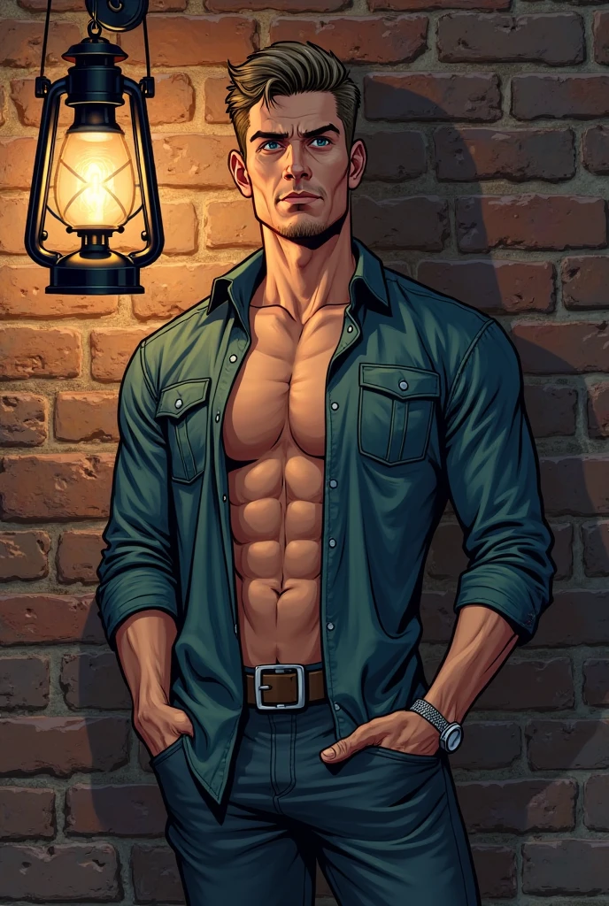 best quality, masterpiece, high resolution, 1 boy, standing flat against a stone wall, 16 years old, teenager, male focus, thin, slim, slender, lean, fit, swimmers build, short height, white skin, handsome, dashing, shirtless, bare torso, extremely hairy pectoral and abdominal muscles, chest focus, very short black hair, mouth is screaming and showing perfect white teeth, heavy dark brows are raised up, blue eyes are open wide and looking down, facial expression is terror, roman nose, high cheekbones, dimples, cleft chin, strong jawline, wearing khaki shorts, both hands tied behind back with rope, tiny waistline, youthful boyish face without facial hair, the tip of a sword pokes against his chest, background is a dark cavern lit by torches and littered with human skulls