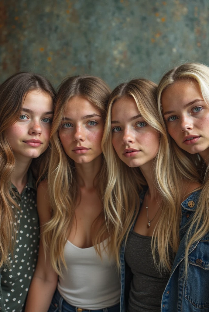 A 18-year-old blonde woman, ((hiperrealismo))textured skin, goosebumps, perfect eyes. Blonde hair with light brown roots, Blonde hair, Hair with brown roots, extra long hair, really long hair. photo taken with iPhone, Porta 160 color. Group of friends at this pink birthday party, lots of cleavage, posing