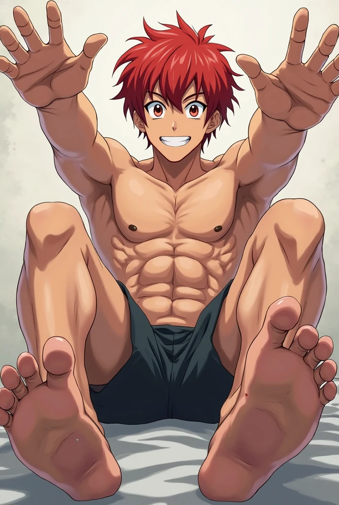 (masterpiece, best quality ), 1man, muscular Natsu Dragneel, brown eyes, intricate, (locker room) , full body, white baseball uniform, open red jacket, vivid colors,(depth of field:1.2),(abs),blush, looking at viewer, on floor, spread legs, visible chest and abs, sweat drops on body