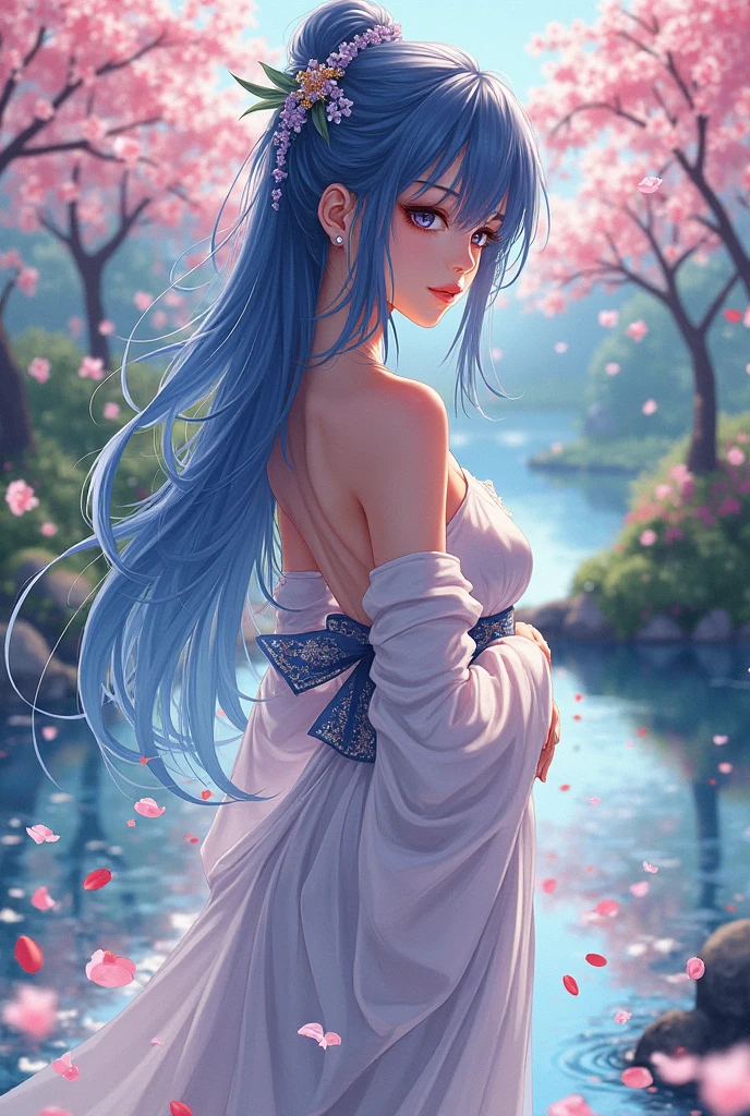 1girl, looking up at the sky, vast landscape, blue sky, outdoor, backview, flowers at her feet, wind blowing hair, reflection on water surface, anime style, detailed facial features, beautiful eyes, cute expression, serene, peaceful, dreamlike, vibrant colors, soft lighting, high quality, 8k, photorealistic, masterpiece, digital art,masterpiece,best quality,ultra detailed,high-resolution,8k portrait,unity 8k wallpaper,extremely detailed CG unity 8k wallpaper