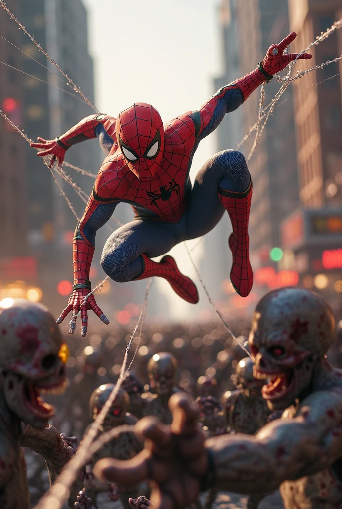 Spiderman throwing spider web at zombies