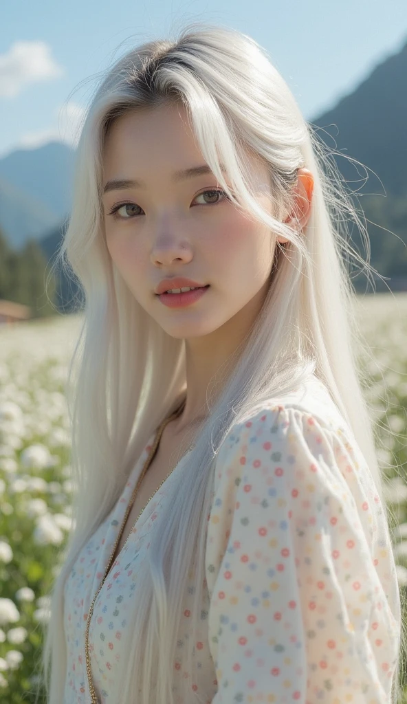 (masterpiece, Top quality), A girl with long white hair sits in a field of green plants and flowers, Warm moonlight, Blurred foreground, Change, River bank, shorts, Strange eyes