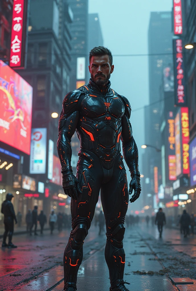 Masterpiece, 4k, 3/4 view, full body,  photo-portrait of  (DnRamon_2000:1.0),  elegant action pose, futuristic gear, cybernetics,  looking at viewer, good anatomy, ((detailed face, (detailed hands), detailed eyes)), volumetric lighting, soft light, deep shadows, Sony A7R V, sharp focus, cyberpunk background