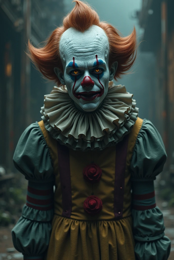 Sad clown in front of a dark rundown circus
