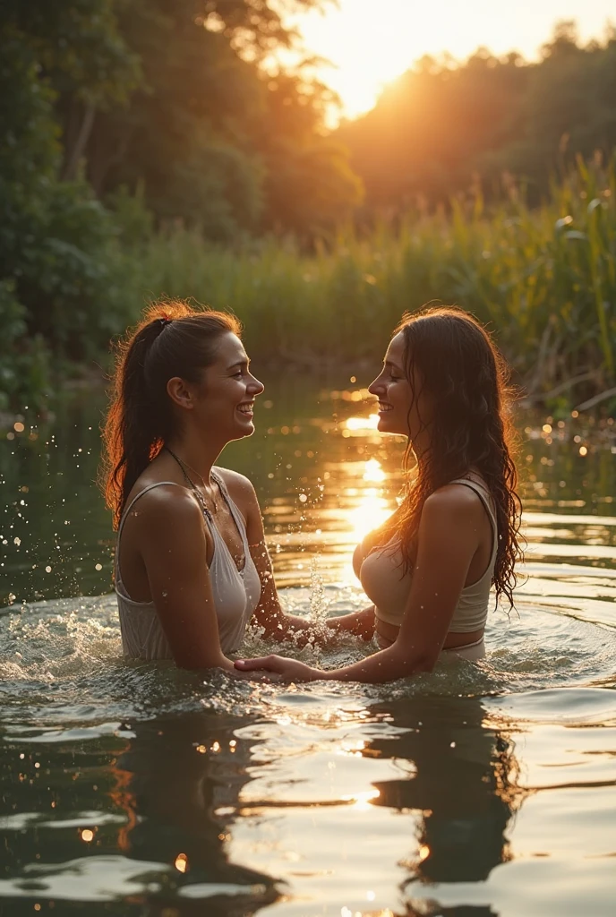 (masterpiece, 8k, best quality:1.2), in the stream, outdoor, 2 girls, 27 yo swedish women, smile, lace teddy, chemise, wet clothes, soaked, wet hair, wet skin, translucent, glistening with oil, drenched, bright sunshine, see through, playful, varied poses