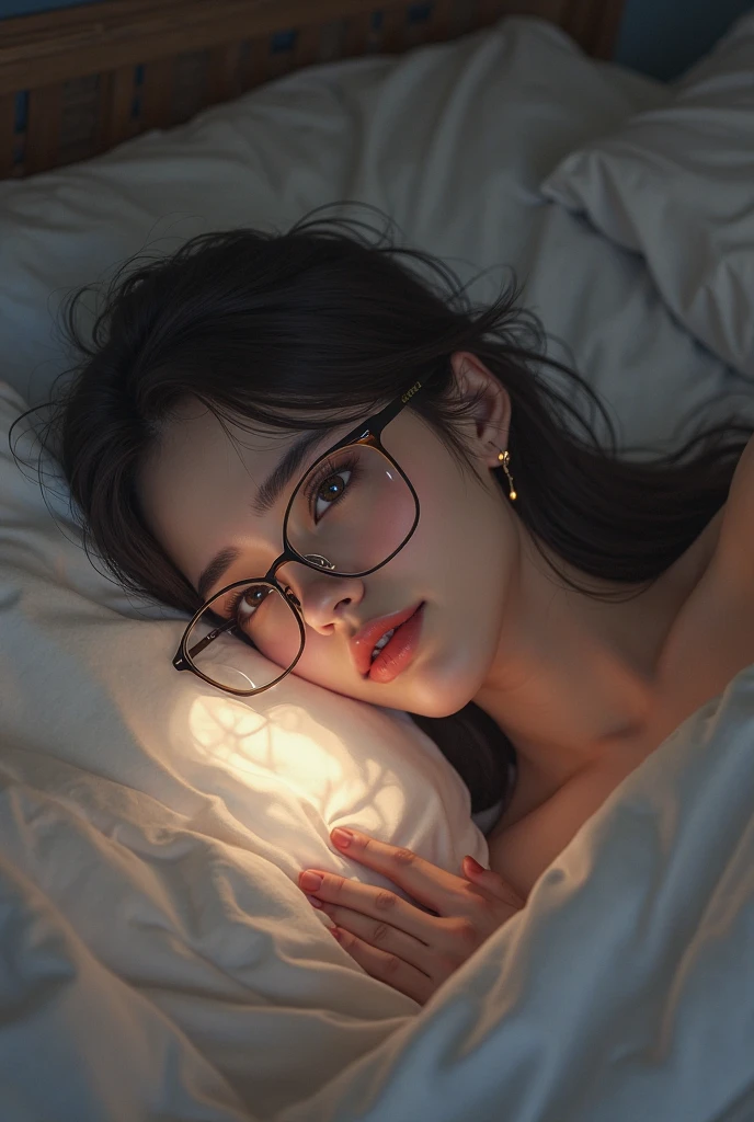 "Photorealistic, (close up:1.3, exposed face), wide angle, (side view), a Japanese young woman gazing out the window at the sunset, wearing wet (long sleeve floral t-shirt:1.2, oversized t-shirt, hotpants), a hyperrealistic beautiful young woman with grayish blue eyes in glasses, natural sagging round breasts, high detailed official artwork, slim fit body and busty posture, long legs, attractive young woman, (attractive sitting poses:1.3, contemplative posture), sitting on a bed in a cozy bedroom with soft, messy blankets around her, warm sunset light coming through the window, dubnitskiy david fanart, realistic portrait, smooth photorealistic, perfect visual of a cute woman, cute woman with soft skin and delicate facial features, face focus, peaceful expression, looking at the sunset, makoto shinkai and artgerm style, photon mapping, warm color tones, vivid colors, cozy ambient, serene atmosphere, 8k and 4k resolution."