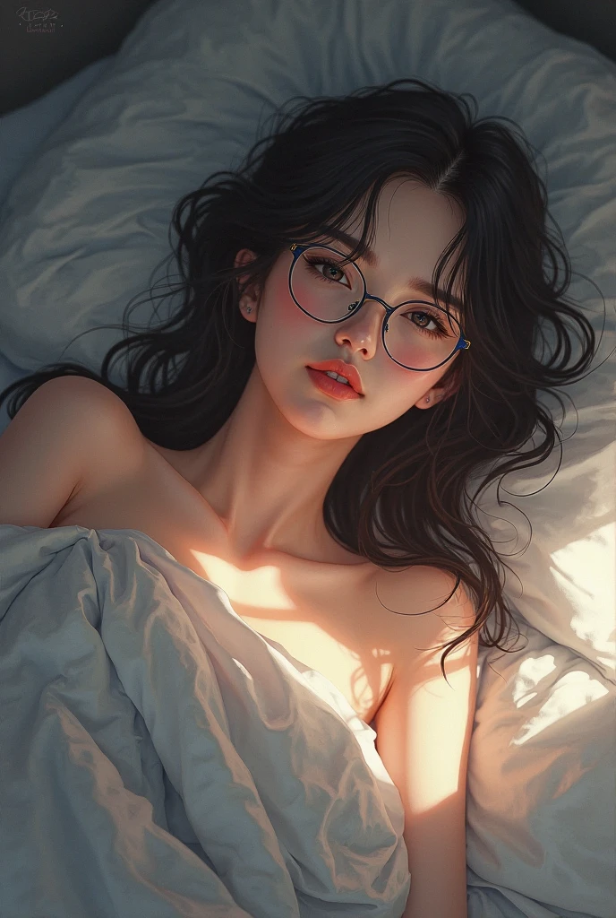 Girl lying on a bed in loose clothing with glasses 