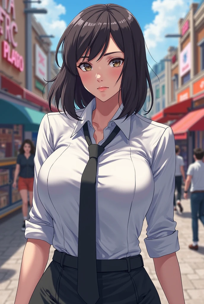 Female busty business woman, short brown bob cut, wearing makeup, wearing business outfit, sexy, cute, full lips, wearing lipstick