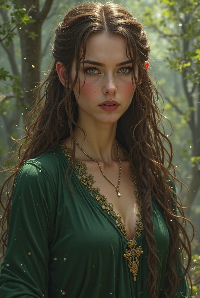 a beautiful woman with green eyes, portrait of a young woman with bright green eyes, delicate facial features, flawless skin, long wavy brown hair, serene expression, ethereal beauty, cinematic lighting, hyper-realistic, intricate details, oil painting, vibrant colors, dramatic chiaroscuro, moody atmosphere, elegant and graceful