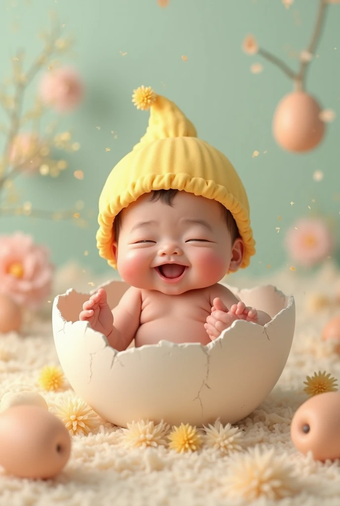 on a light background, Funny Newborn Baby , rosy-cheeked, Thick, The eyes are blue, made a funny face, and looks at the viewer, holds a pacifier, in a white basket, pink on the sides , transparent lace, frill, next to a blue pink lotus flower, covered with a transparent pink veil, there is a pink lotus on the side of the basket , 8 K (masterpiece), ((top quality)), (super detailed), folded his arms funny, makes you smile , holds a yellow pacifier,