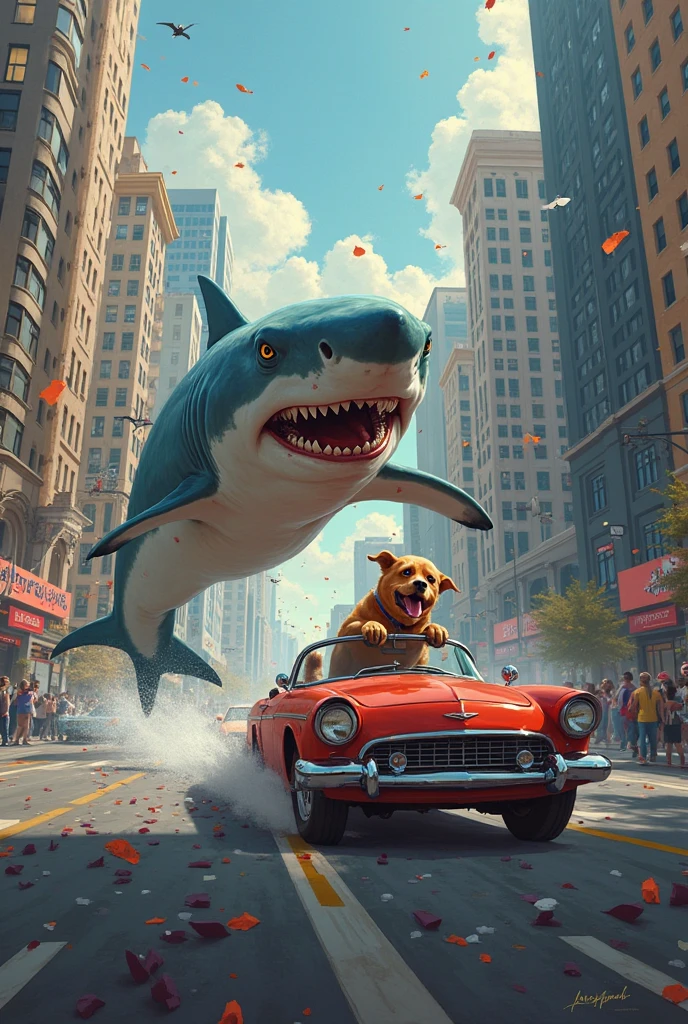 Dog Ride Shark A shark walks in a city, a dog drives a car, a runaway city - SeaArt AI