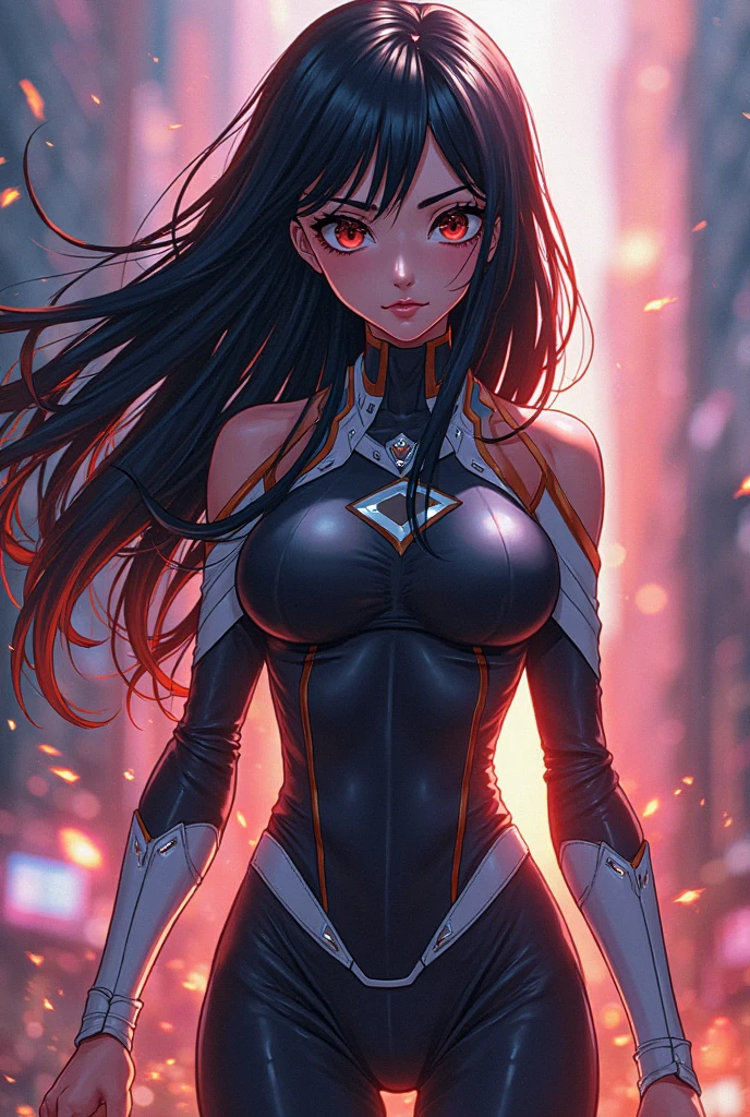 1 girl, looking straight at viewer+lip slightly parted, expressionless, beautiful face, hand behind head, wearing tights and pants, overlooking beautiful skyline, best quality, ultra high resolution, with slightly visible panties, space background, black hair, yellow eyes, the gap