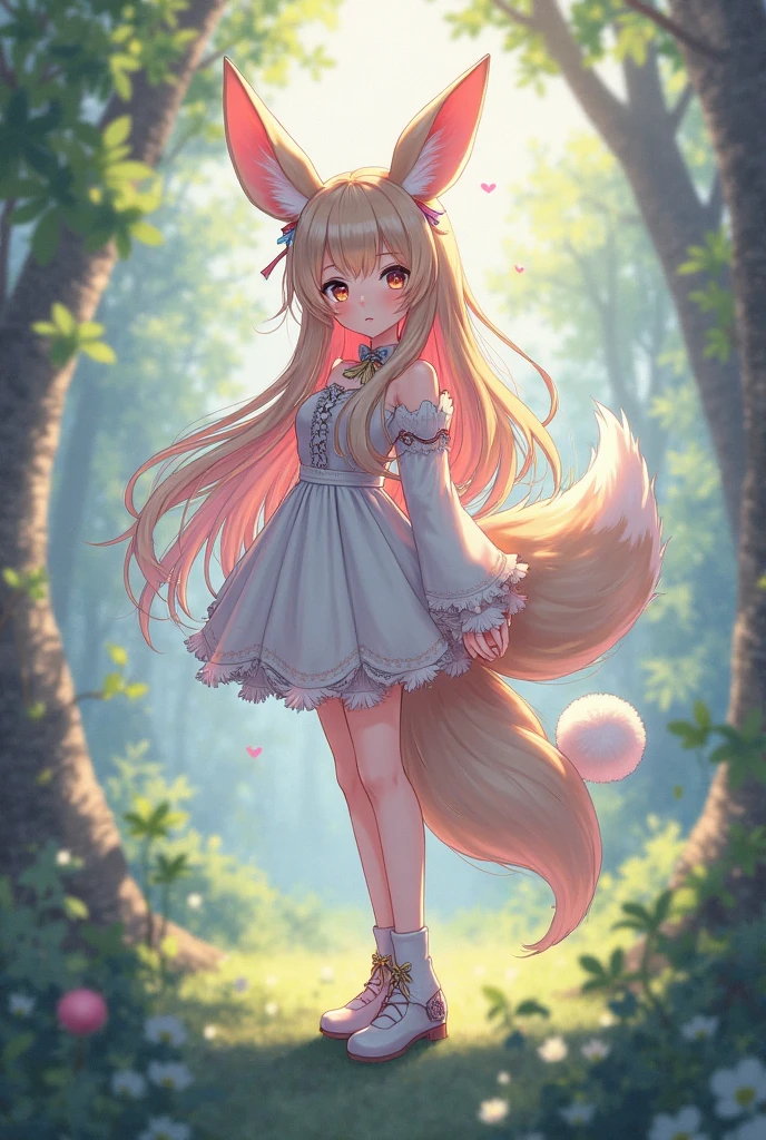 small deer,foraging in the forest,Soft grass,flowers surround you,an apple tree,close-up,8K,High quality