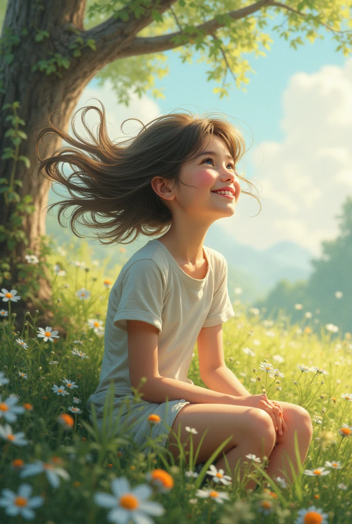 # Prompt 3: The dreamlike girl on the grass creates a surreal picture, Depicted in superb detail, this lovely girl lies on the grass under a blue sky and white clouds. 
She should have softness, Radiant skin，Smart and expressive eyes, Fluffy curls frame her face. 
Surround her with wild flowers and tall grass，Swaying gently in the breeze. 
Capturing the dappled light cast by the sun on her skin, Radiating tranquility and natural beauty.