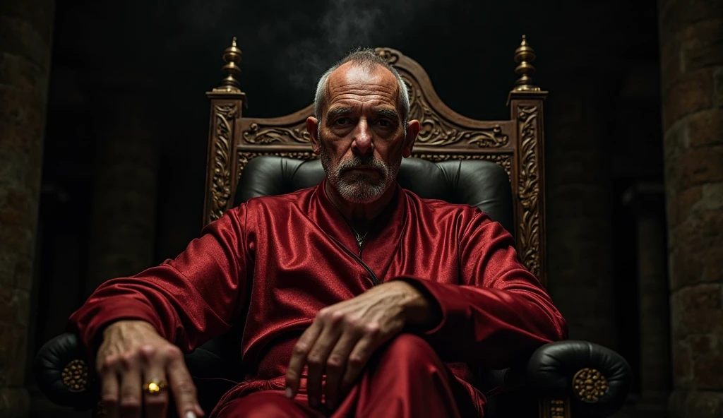 A fat monk, with thinning hair, covered in tattoos all over his body, sit on throne, bulge in pants, body fluid.