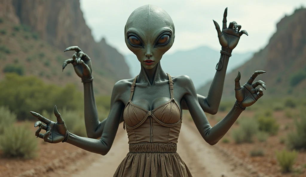 (Realisitc:1.5) alien woman wearing Metallic gold slip dress and matching suspenders <lora:EdobAlienFemale_v1.0:0.8>