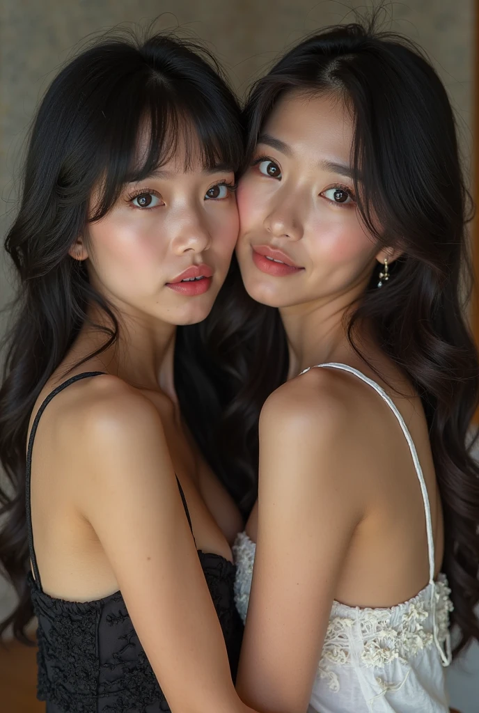(Floral, Tight nightgown, Look forward, Show beautiful thighs:1.5),
((I want to kiss you?, I want to cheat with you?:1.2)),
((Will you come near me and give me a kiss??, Can you have sex with me??, Can you touch my breasts??:1.4)),
((Sexy atmosphere, hold out your lips, Disheveled Hair, A sigh escapes)),
((Luxury Love Hotel, Two women in bed together making love, Complete darkness, lamp, Underwear strings come undone, Start taking off your clothes:1.4)),
((32 years old, Two sexy and beautiful female announcers:1.5)),
((Earrings that match your outfit, Silver Necklace:1.2)),
((Tilt your face slightly)),
((Squint your eyes)),
((purse your lips:1.2)),
((Blushing:1.2)),
((Small breasts,Flat Chest:1.2)),
Narrow shoulders, the lines of the body are thin, Thin waist, Long, slender legs,
Ultra-detailed skin, Glossy Skin, White skin, Ultra detailed face, Ultra detailed breasts,
Ultra-detailed eyes, Slit eyes, Brown eyes, double eyelid, Beautiful thin eyebrows, Thin, long eyelashes,
Ultra-detailed lips, Fuller lips, Glossy pink lips, Flushed Cheeks, White teeth,
Beautiful actress's languid make-up, Pink lipstick, Smoky eyeshadow, Eye foundation,
Dark Brown Hair, Delicate and soft hair, Hair blowing in the wind,
(Elegantly putting your hair up, short hair, ponytail:1.2),