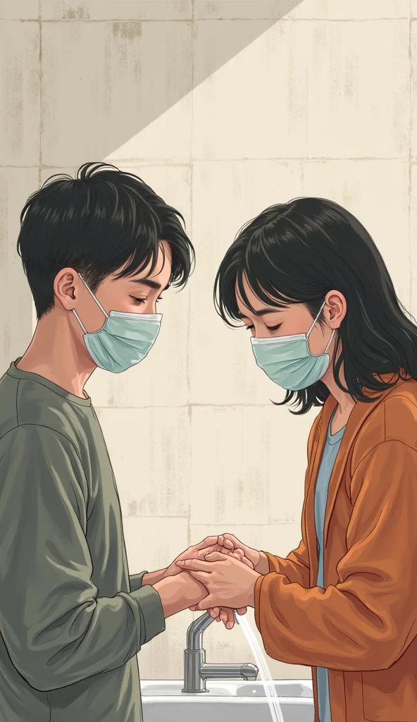 cute masked japanese girlfriend holding surgical mask strap to put on boyfriend's ear. Front view. Boyfriend point of view. Photorealism