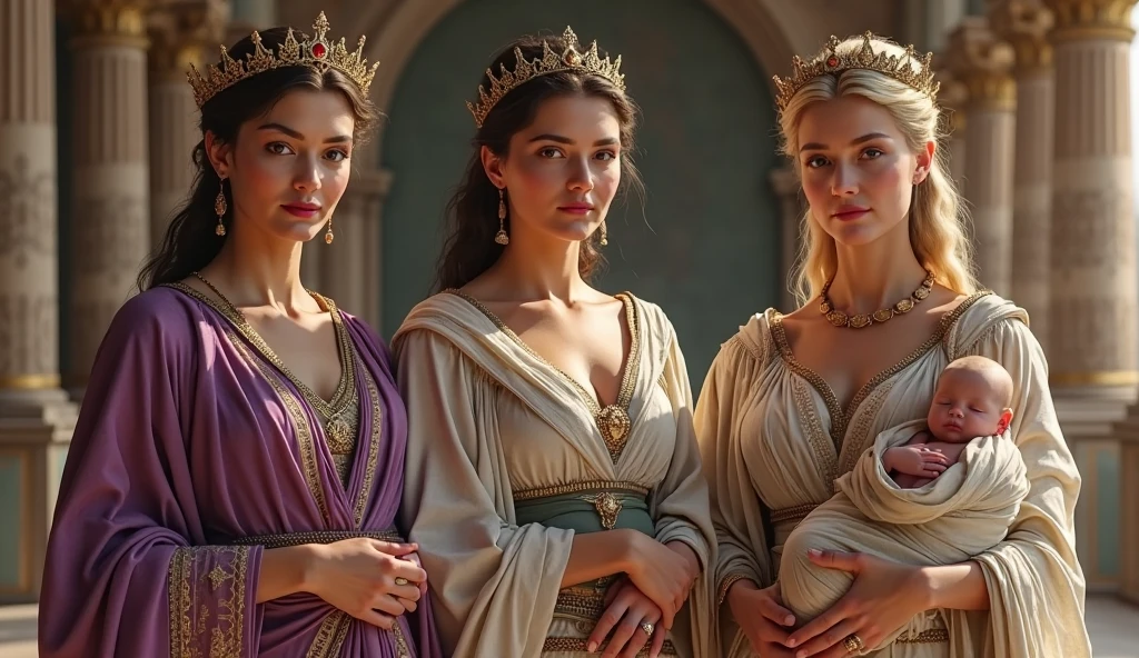 Standing side by side facing forward、The beautiful Virgin Mary、Beautiful Cleopatra at 20、The beautiful 20-year-old Queen Victoria