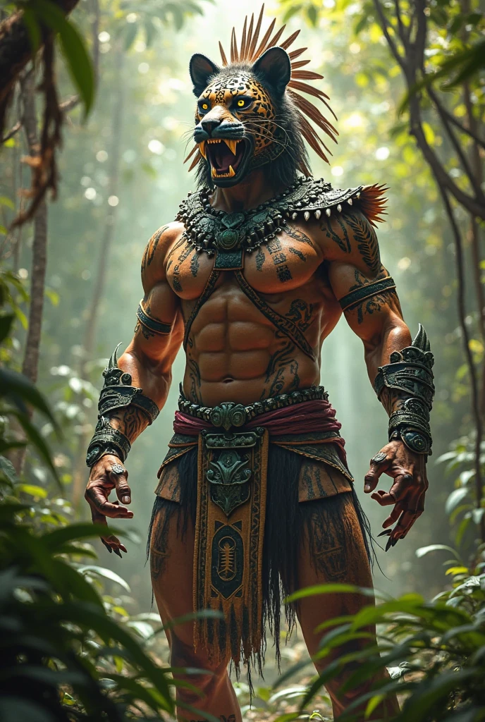 Warrior with jaguar head in the forest