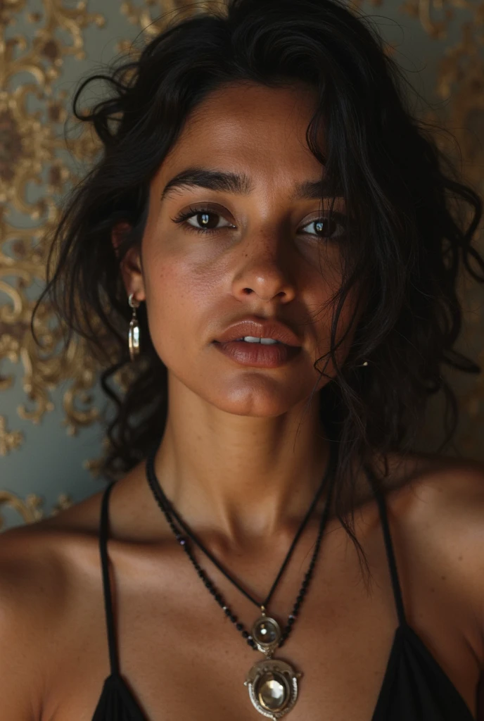 photographie artistique, portrait en couleur. Woman with very dark black skin, les yeux verts très clairs, piercing eyes, regardant l’objectif. a bright light coming from the right creating a lot of contrast with his skin and illuminating his chest. cheveux rose. Sunlight. chest slightly visible