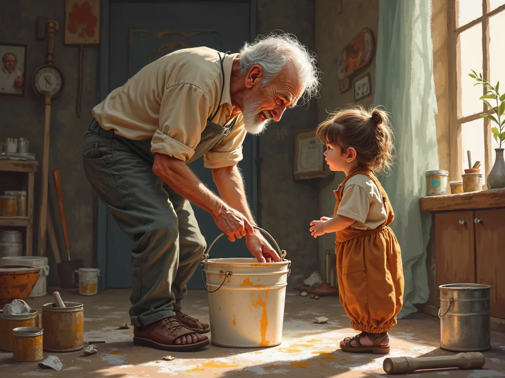 An older man breaking a vase on a child&#39;s head 