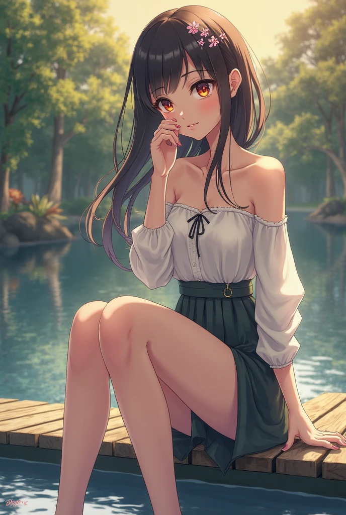 (masterpiece), (best quality), ultra high res, sharp focus, warm pastel tone, ((1 woman, solo)), full body, magazine cover shot, beautiful detailed hair, chestnut brown hair, long hair, beautiful detailed face, ((beautiful shape eyes, green eyes)), perfect feminine face, sitting on the side of beach, feminine light outfit, bare feet, (in the night time:1.2)