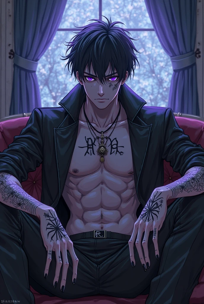 Chico de seXo mascullino de la edad de 12 años con el derecho color negro con una "X" color eye in the center and purple left eye, blue-black hair with a gun in his hands pointing forward