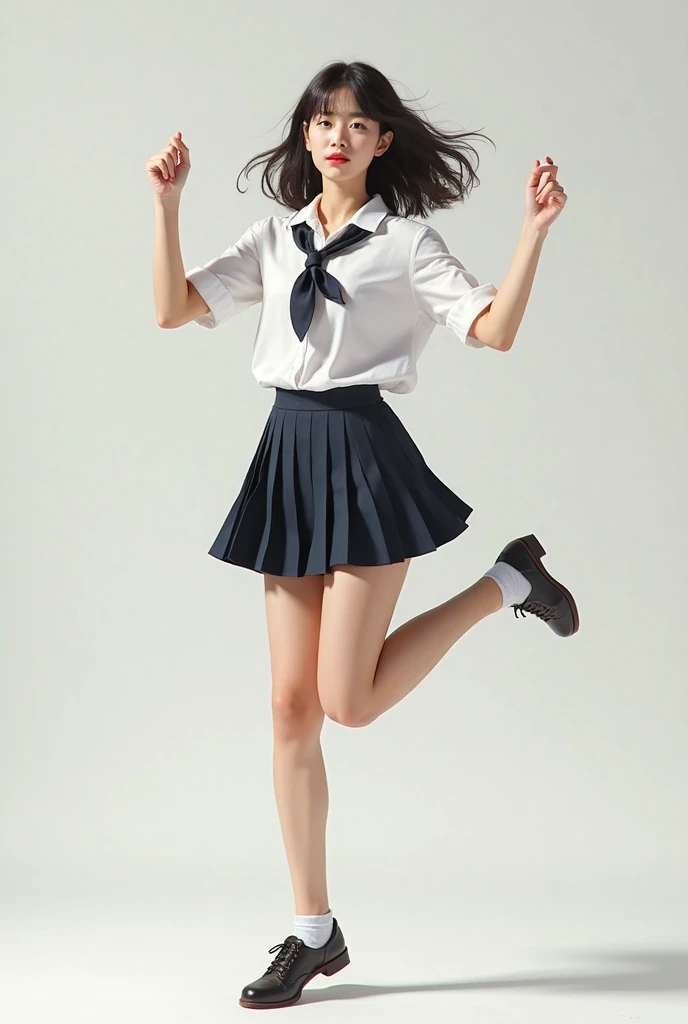 、lowferlue checked skirt、pleatedskirt、Girls' School Uniformeauty legs、White High Socks