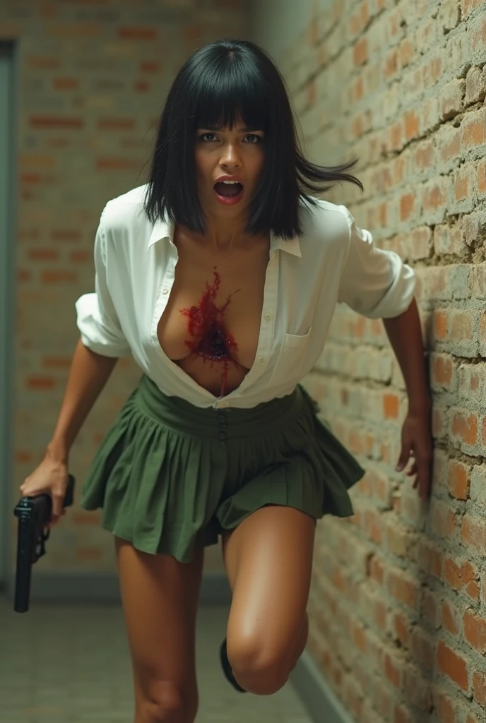 mulher arafada de saia curta e blusa preta com sangue no rosto, zumbi bonito, 7 dias para morrer zumbi, pale woman covered with blood, destroyed body, horror altamente detalhado, horror!! altamente detalhado, uma mulher berserker muito bonita, horror fotorrealista, morto-vivo. altamente detalhado, brutal sangrenta e maquiada, Succubus no retrato do vestido de sol
