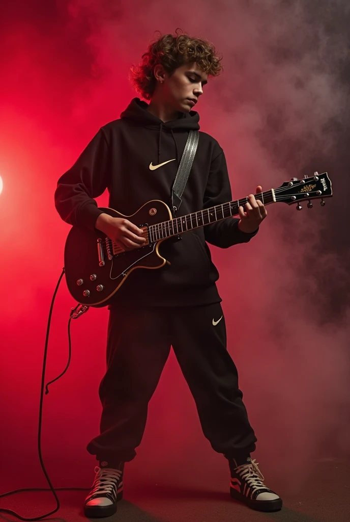 Mexican boy dressed in a bomber jacket, oversized pants and Vans sneakers with a black Jazzmaster guitar and a blue guitar pedal
