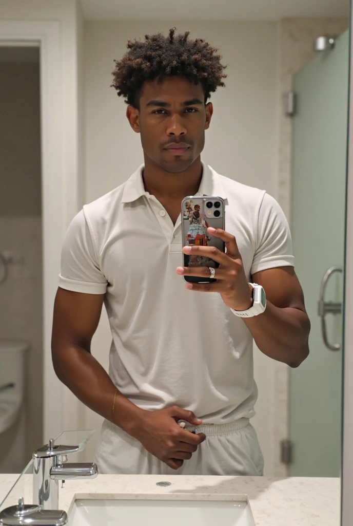 The person in the image is a young man with dark but fair skin and short, curly hair.. He is naked with his private parts on display, appears to be in a bathroom, taking a selfie in the mirror. He is also wearing a black backpack and a backwards cap.. His expression is neutral, and he is holding a cell phone in his right hand while looking at his reflection in the mirror.
