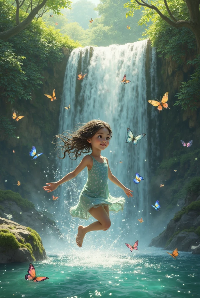 masterpiece、top-quality、ultra-detailliert、(Fairy Daughter:1.2)、(Chibi Chara:1.1)、wraith、Curly hair、Open your mouth and smile、lake in the middle of a forest、jumping、Rainbow Light、the morning sun、rainbows