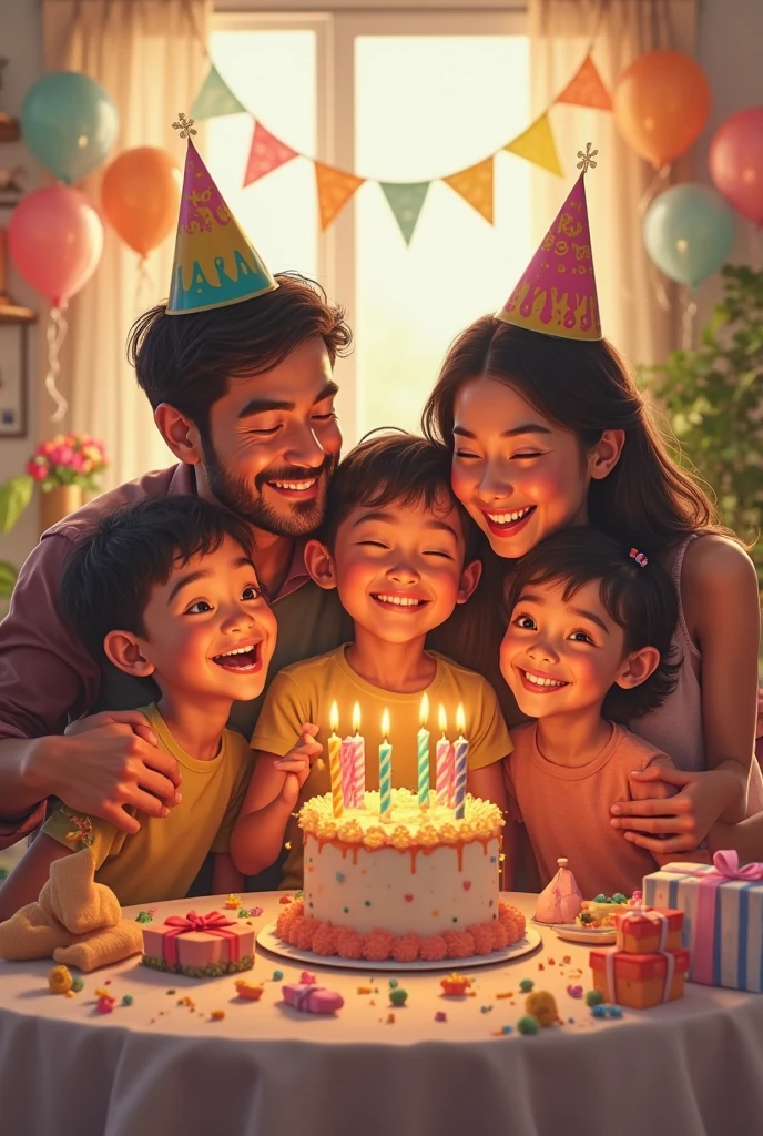 a Family of Four, young father and his daughter Celebrate birthday, birthday_, birthday_Hat, Cupcakes, birthday_Cupcakes, balloons, clapping, cheerfulness atmosphere, art by Ghibli