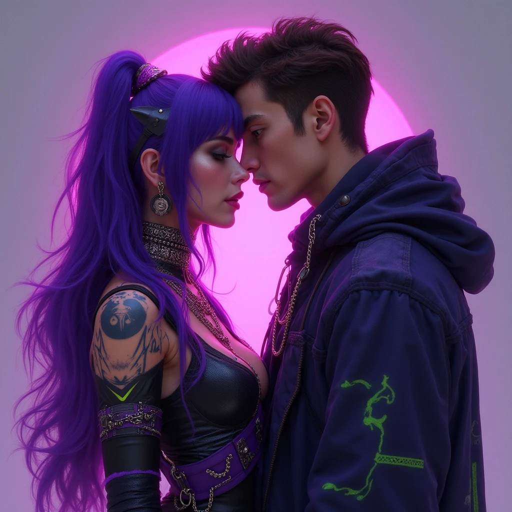 there is a man and a woman who are dressed, inspired by Bálint Kiss, alien man with alien woman, widow's ex-lover, capturado em canon eos r 6, charli bowater e artgeem, dark purple hair and cybernetics, Avatar da segunda vida, pose dominante, fantasia sombria cyberpunk sedutora, eros e tanatos