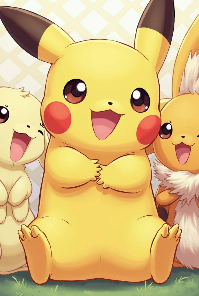 multiple_persona, pokemon \(creature\), Pikachu, Pichu, Raichu, pokemon_focus, sitting, smile, detailed character portrait, high quality, 8K, professional, illustration, dynamic lighting, vibrant colors, warm palette, whimsical, playful, expressive