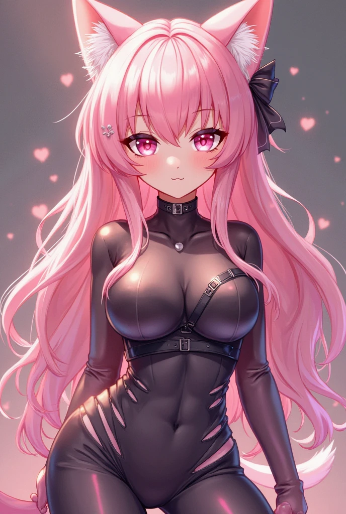 anime vtuber girl, (wearing black playboy bunny suit with neon green highlights), long pink hair with red tips, (neon green hearts in eyes), vampire teeth, (shy, and embarrassed face)
