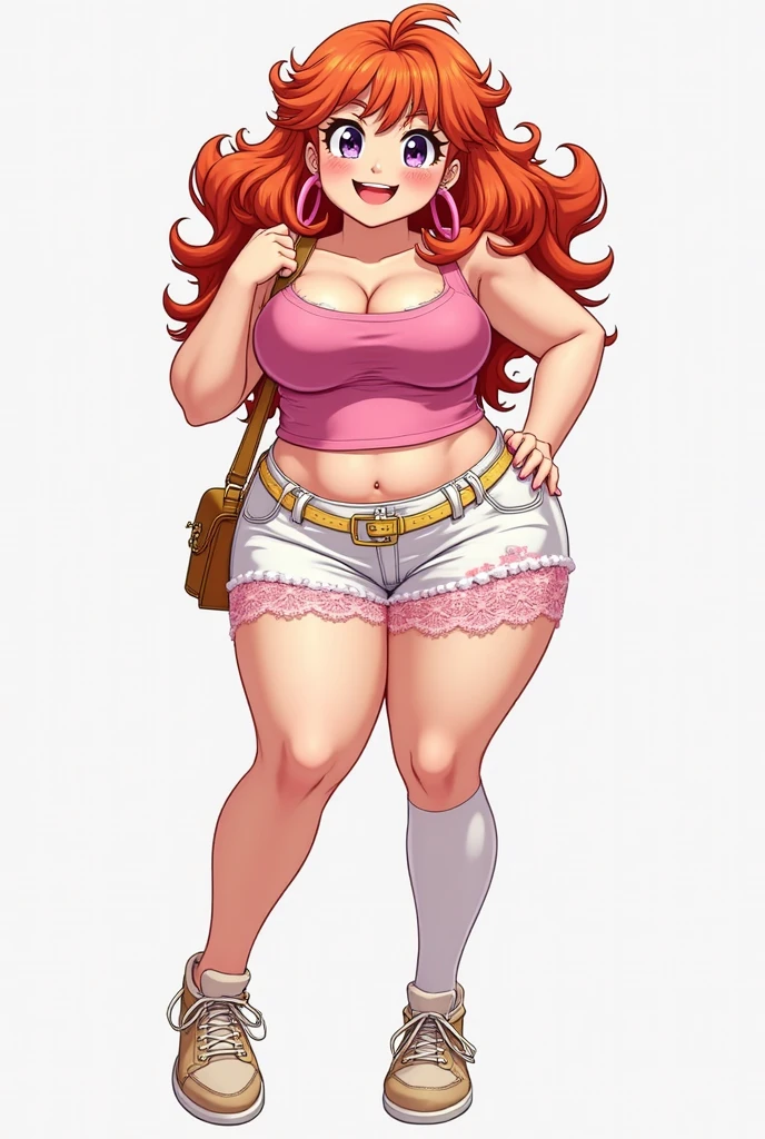 Lucoa has the appearance of a plump and voluptuous woman, with huge, bouncy breasts. For clothes, she wears a pink bonnet, a choker and necklace, a black tank top that exposes her cleavage and midriff, denim shorts, black thigh-high socks, and pink shoes. She has two horns on her head. She doesn't wear a bra, which allows her voluminous breasts to jiggle and bounce without much restriction with every movement she makes. She is seen wearing a tiny bikini that barely contains her own breasts. Her three measurements are B120-W70-H85 centimeters, and she is 1 meter and 85 centimeters tall.