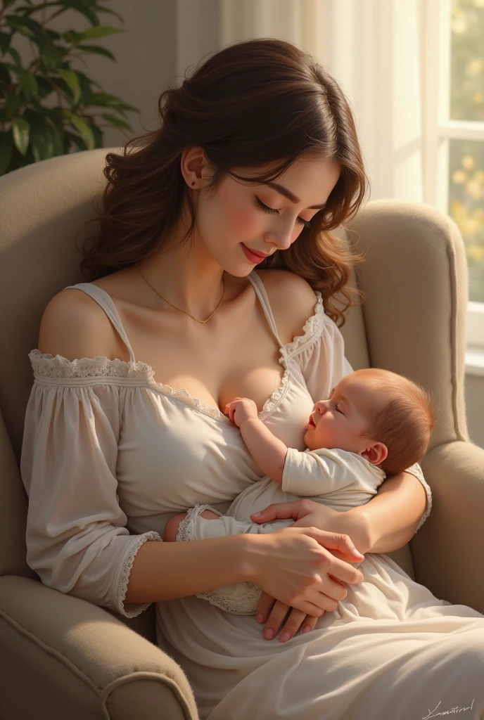 high res, real photo, Odalys Steeve (23 years old, fair skin, long waving hair dark brown, beautiful detailed eyes dark green iris, beautiful detailed lips, firm bust, extremely detailed eyes and face, long eyelashes, wearing simple white long dress) breast feeding baby on sofa