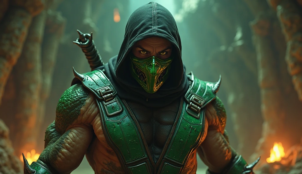 Horror-themed, <lora:Mortal Kombat style:1>
Mortal Kombat style, fictional universe consisting of numerous realms, Ermac,made out of dead souls,demon,a man in a hooded jacket holding a glowing green light,solo,looking at viewer,smile,gloves,1boy,green eyes,male focus,signature,hood,armor,grin,dated,mask,glowing,glowing eyes , Live-action, white sclera eyes, muscular, fitness, magic hands, fighters, Action-adventure, brutal and gruesome, Mortal Kombat style, mk style, Eerie, unsettling, dark, spooky, suspenseful, grim, highly detailed
