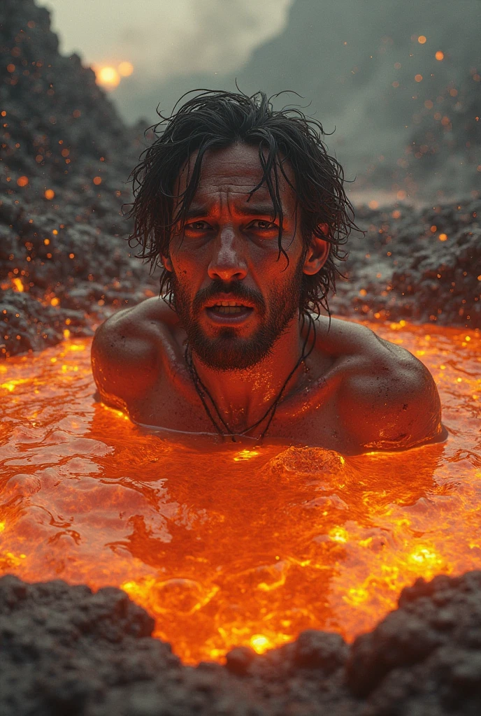 A person sinking into lava with half body in lava is scared from sinking into lava with emotions