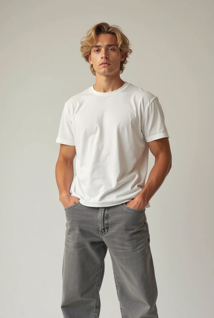 boy , he has wavy blond hair ,model appearance,good physique for s,dressed in a white t-shirt and grey wide jeans