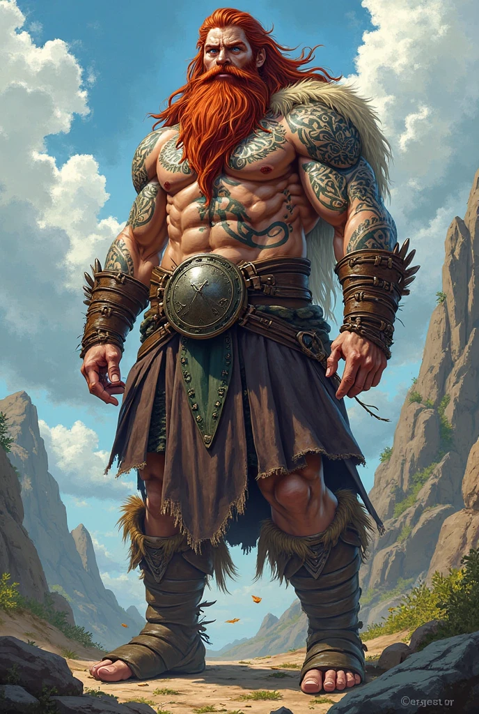 I would like a bald white man with a long braided red beard, an extremely strong physique, shirtless with tattoos covering his body and arms, a lion tattoo on his back, wearing black leather pants with pink details, a cloth tied around his waist, and holding a large golden axe in his hands. There is a spiritual lion behind him, and a great aura of power resides within him. I would like it to be in a mature style, and the art should be in a fantasy and RPG style set in the Old West.