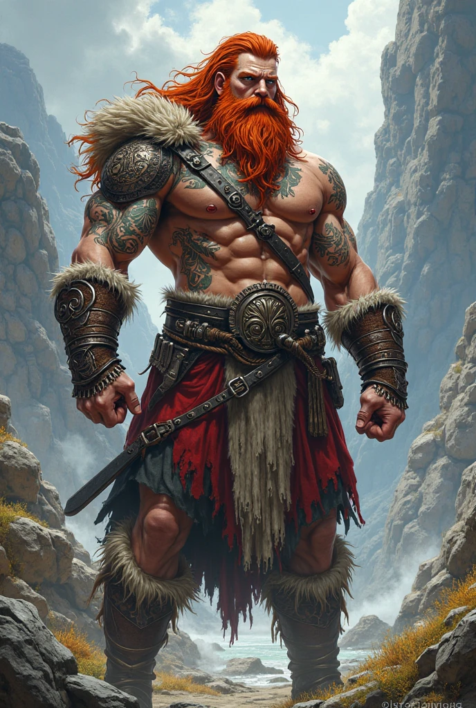 An imposing and robust barbarian, tanned and muscular. He wears leather armor and animal skins., with aged metal details and studs. The barbarian has long, disheveled hair, de cor castanho-escuro, and a thick beard that covers his strong and determined face. Your eyes are intense, with a fierce and fearless expression.

He wields a huge halberd, with a dark wooden handle and a sharp, ornate blade, with runic details and carvings on its surface. The halberd is imposing, reflecting the barbarian&#39;s strength and skill. The background of the image shows a wild and mountainous environment, With trees and rocks all around, reinforcing the barbarian&#39;s connection with nature and his warrior origins.