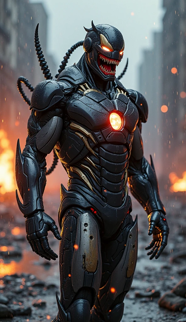 Dark_Fantasy,Cyberpunk,(chain, machine gun man, black:1.1),1man,Mechanical marvel,Robotic presence,Cybernetic guardian,