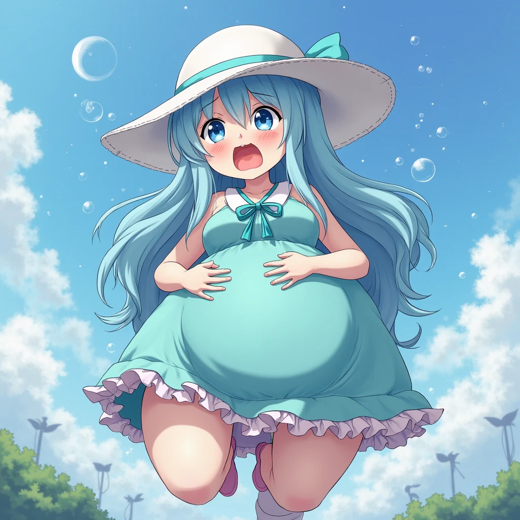 An image of a pregnant girl wearing a floaty, light and airy maternity dress in a soft mint green color