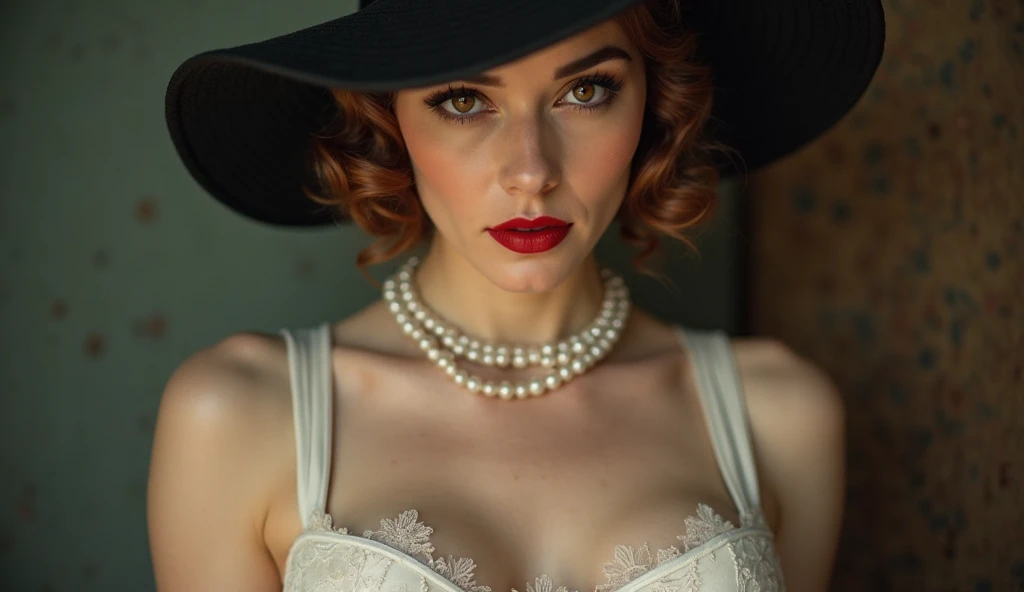 dramatic, blurry, RAW, portrait of Maude (styled as a 1920's flapper, headband, pearl necklace, bracelet, highly detailed:1.6), (sitting deep in a club chair:1.5), (naked, short brunette hair, pale skin, skinny, small breasts:1.7), (background inside a busy, crowded, old, dusty speak-easy, jazz-bar:1.7), 8k uhd, dslr, high quality, Fujifilm XT3, (low-light:1.8), (studio lighting, volumetric shadows:1.4), (chiaroscuro:1.3)
