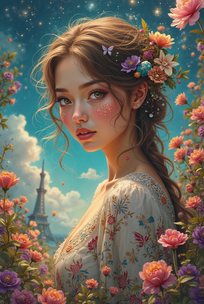 (fashion show:1.5), (fashion weel:1.5), (ink and watercolor painting:1.5), (Tasteful:1.5), (ink and watercolor painting:1.5), 8k, 4k, (magic:1.5), (dripping paint;1.5), (Paris collection:1.5), fashion model, professional model, super model, (glide_fashion:1.5), In a posh dreamscape, 1 man, 1 girl with blue eyes and curly brown hair aims her bush-string bow at a heart of colorful flowers. Her arrow, Paris, turnul Eiffel, they hold hands , cat , sunset,love